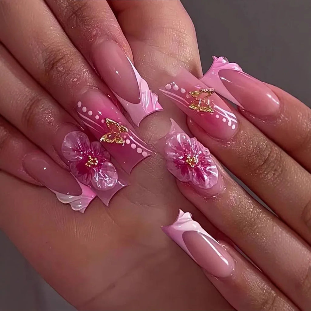 Faux ongles press-on rose effet French – Motif fleurs, plusieurs coloris