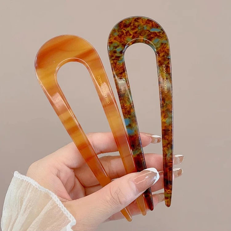 Pic à cheveux en U effet écaille – Épingle à cheveux géométrique en acétate – Accessoire coiffure femme chic