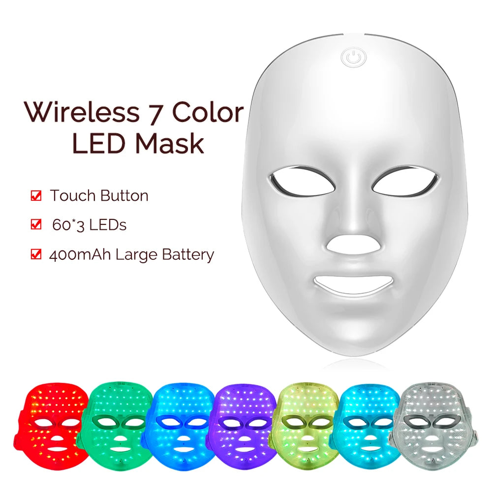 Masque LED visage & cou 7 couleurs – Appareil beauté lumineux sans fil pour soin de la peau