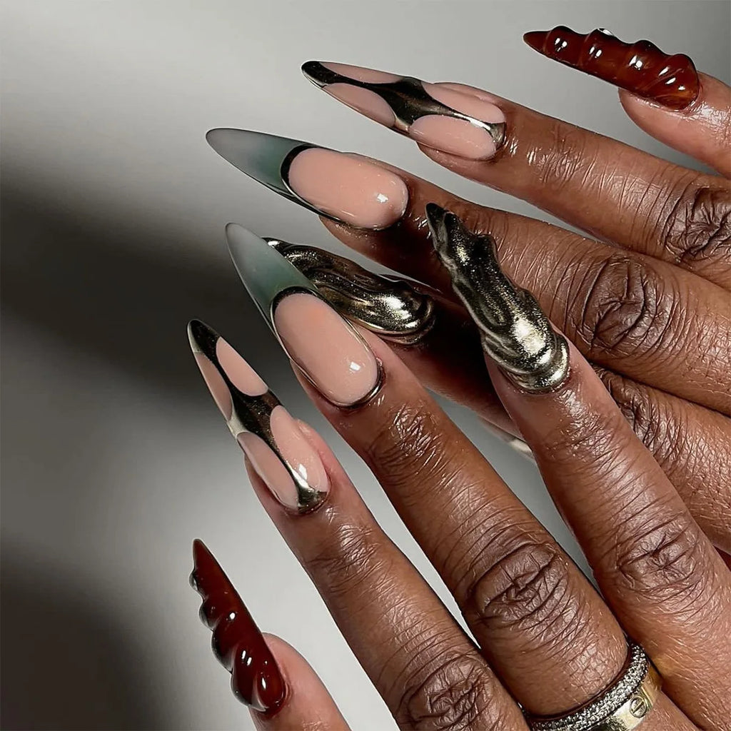 Faux ongles press-on noirs design artistique – Motifs graphiques, effet 3D, style audacieux