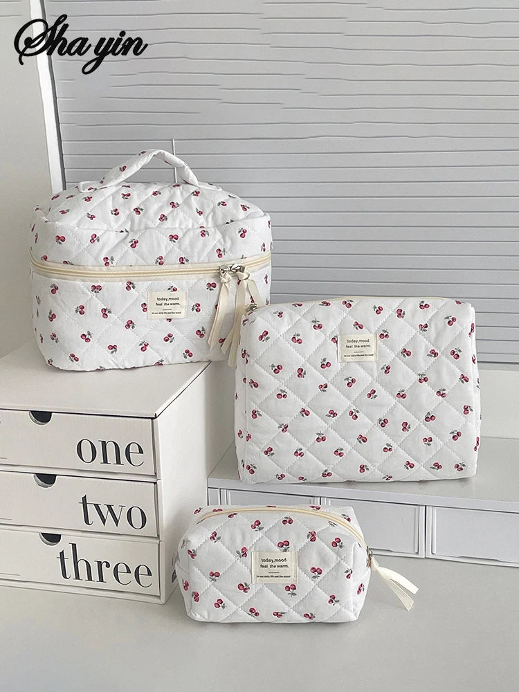 3 pcs trousse maquillage matelassée – Motif fruits, rangement & voyage