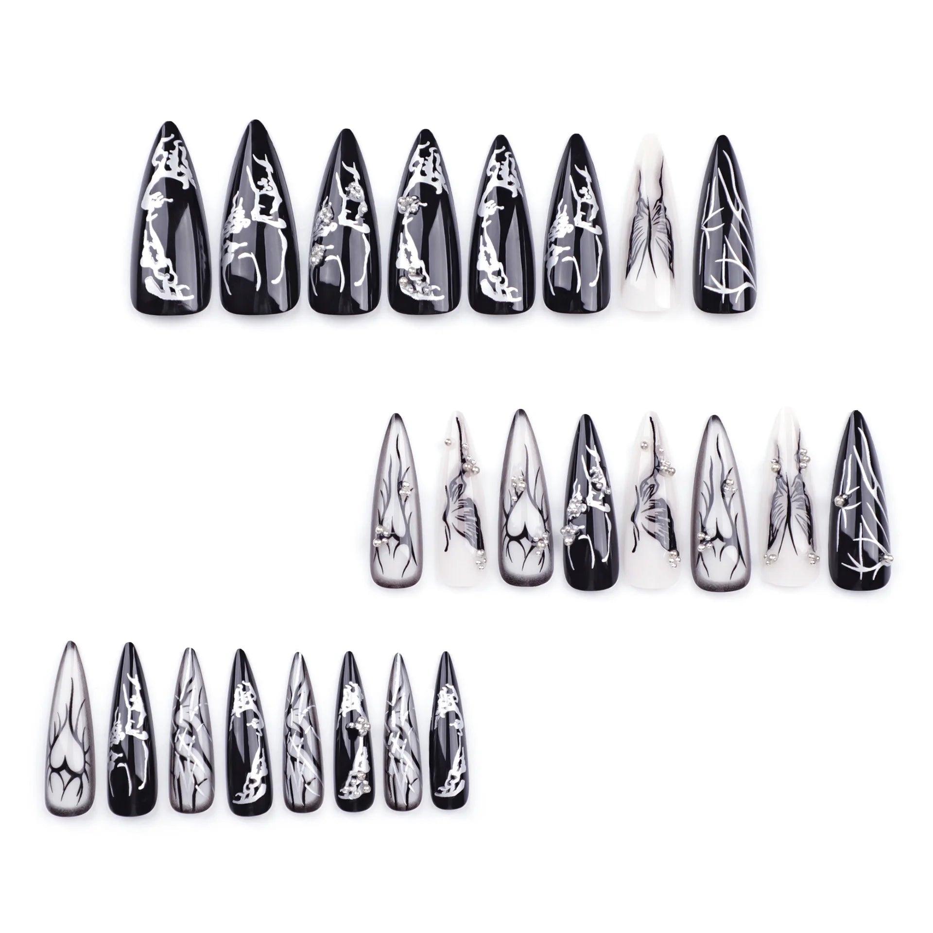 Faux ongles press-on noirs design artistique – Motifs graphiques, effet 3D, style audacieux