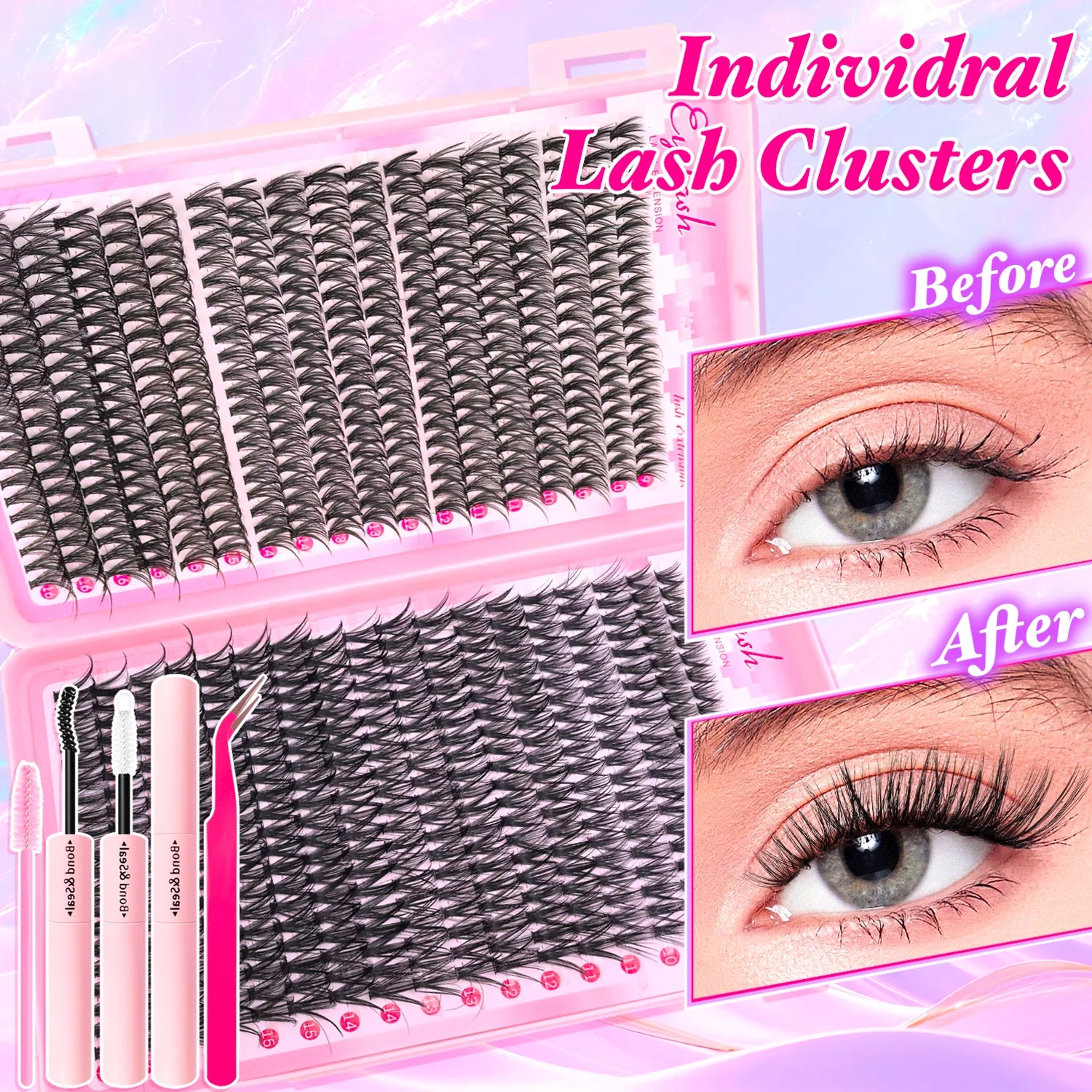 Kit extensions de cils DIY 200–720 pièces – Cils fluffy avec Bond & Seal inclus