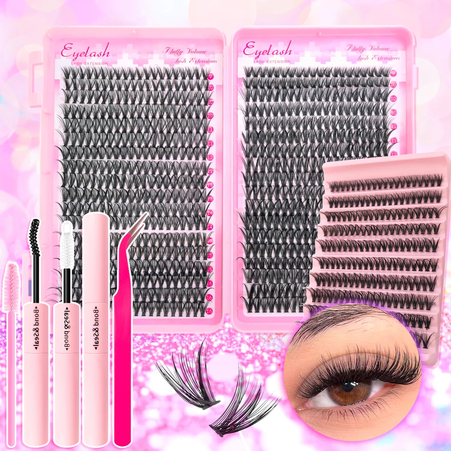Kit extensions de cils DIY 200–720 pièces – Cils fluffy avec Bond & Seal inclus