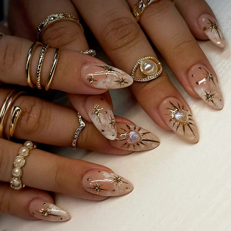 Faux ongles press-on décorés – Strass, nœuds & designs argentés – 24 pièces