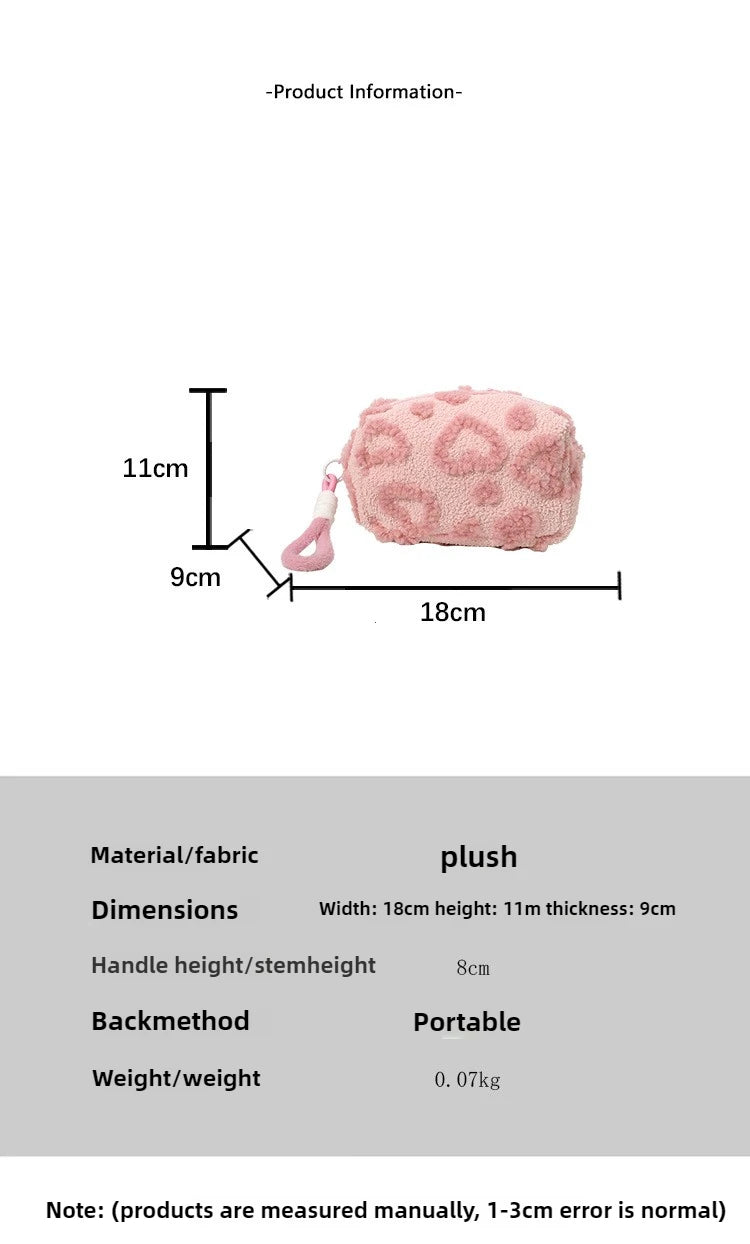 Plush Makeup Bags with Handle Soft Travel Cosmetic Storage Bag Portable Love Print Organizer Pencil Case Cute Clutch Pouch