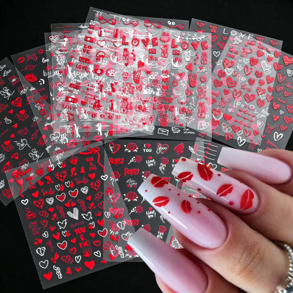 Autocollants nail art Saint-Valentin – Décorations ongles lèvres et cœurs rouges