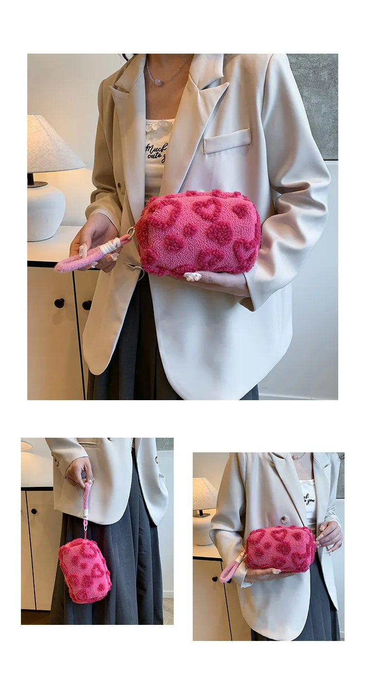 Plush Makeup Bags with Handle Soft Travel Cosmetic Storage Bag Portable Love Print Organizer Pencil Case Cute Clutch Pouch