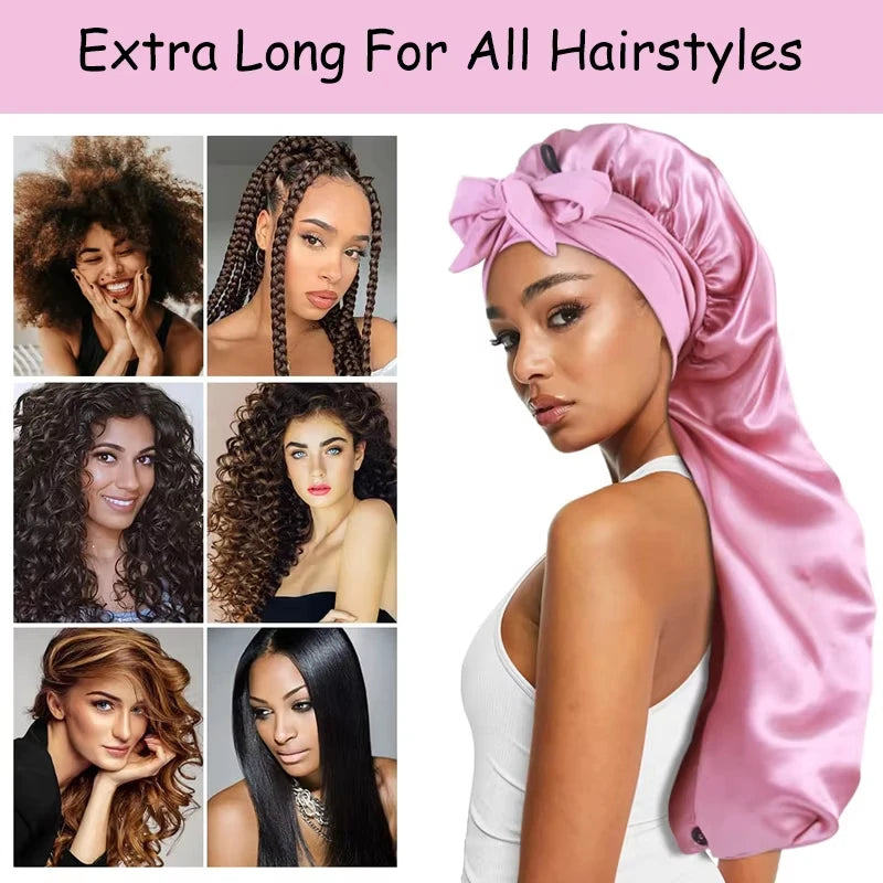 Bonnet satin long en soie – Protection cheveux bouclés, crépus & naturels (XL)