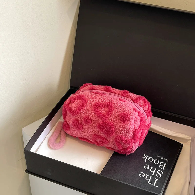 Plush Makeup Bags with Handle Soft Travel Cosmetic Storage Bag Portable Love Print Organizer Pencil Case Cute Clutch Pouch