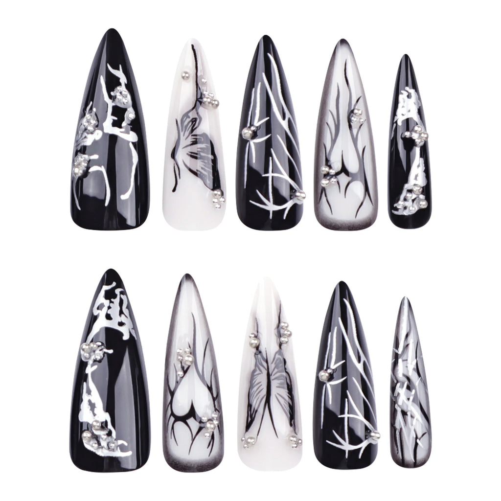 Faux ongles press-on noirs design artistique – Motifs graphiques, effet 3D, style audacieux