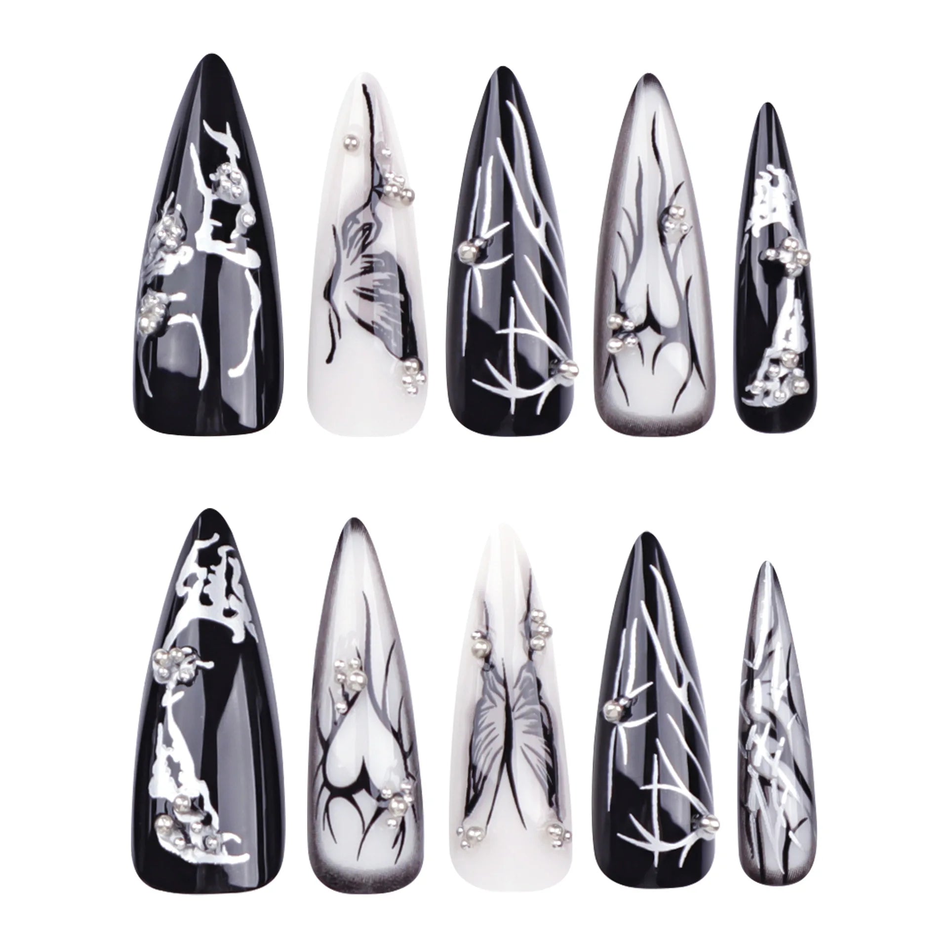 Faux ongles press-on noirs design artistique – Motifs graphiques, effet 3D, style audacieux