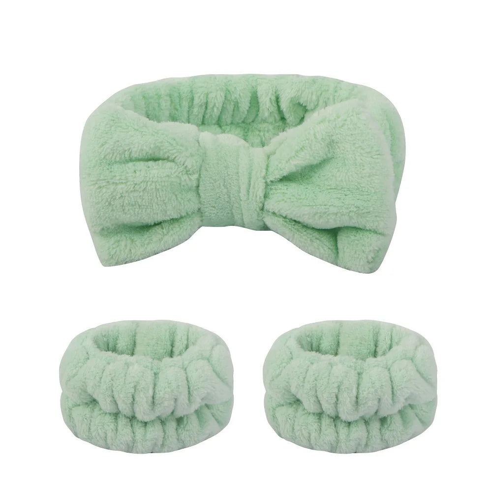Bandeau maquillage en flanelle avec nœud + protège-poignets absorbants – Accessoire soin visage