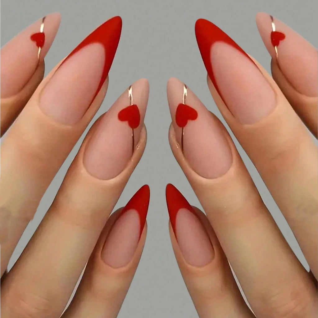 Faux ongles press-on amande décor cœur – Blanc & coloris variés – 24 pièces