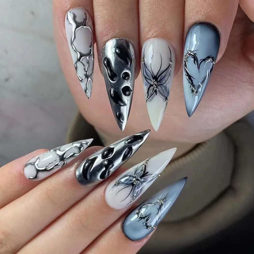 Faux ongles press-on noirs design artistique – Motifs graphiques, effet 3D, style audacieux