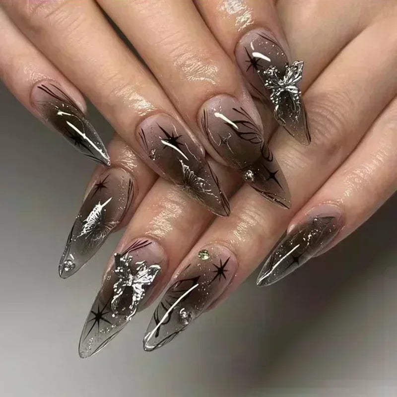 Faux ongles press-on décorés – Strass, nœuds & designs argentés – 24 pièces