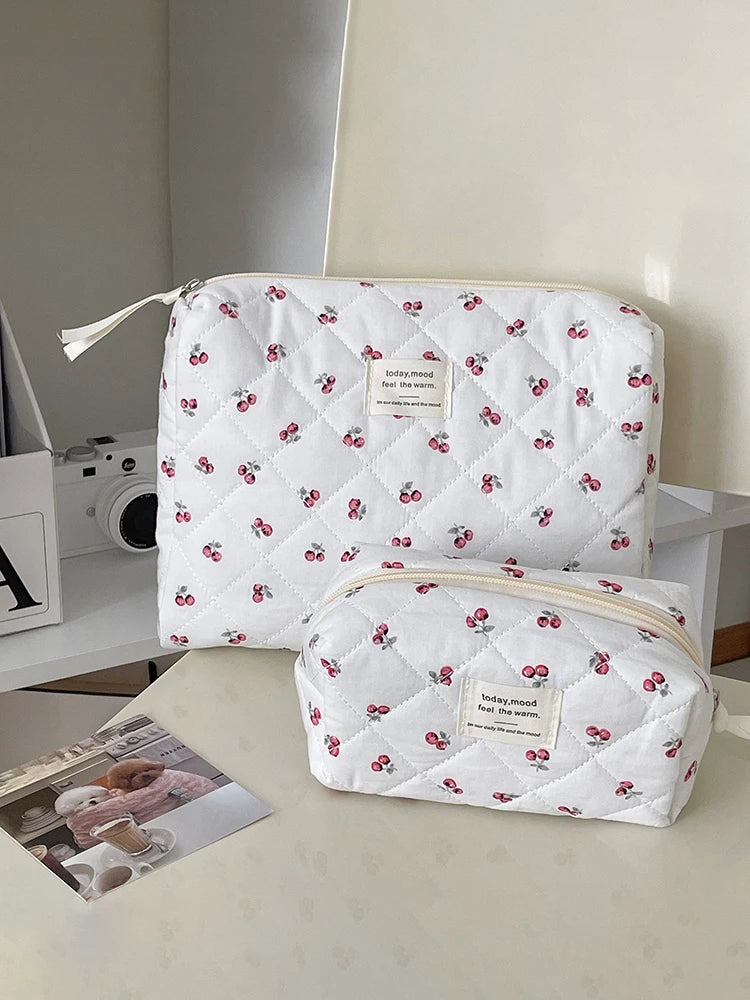 3 pcs trousse maquillage matelassée – Motif fruits, rangement & voyage