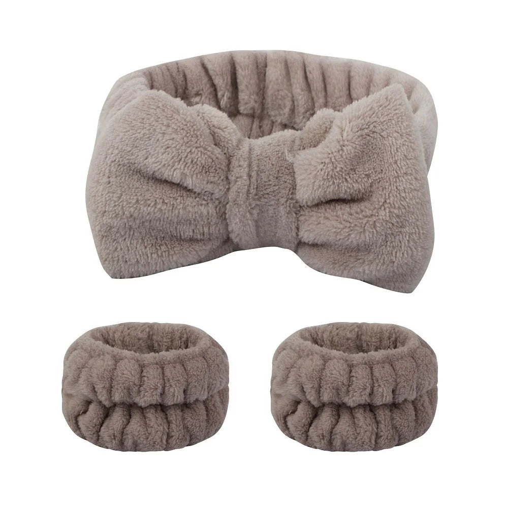 Bandeau maquillage en flanelle avec nœud + protège-poignets absorbants – Accessoire soin visage