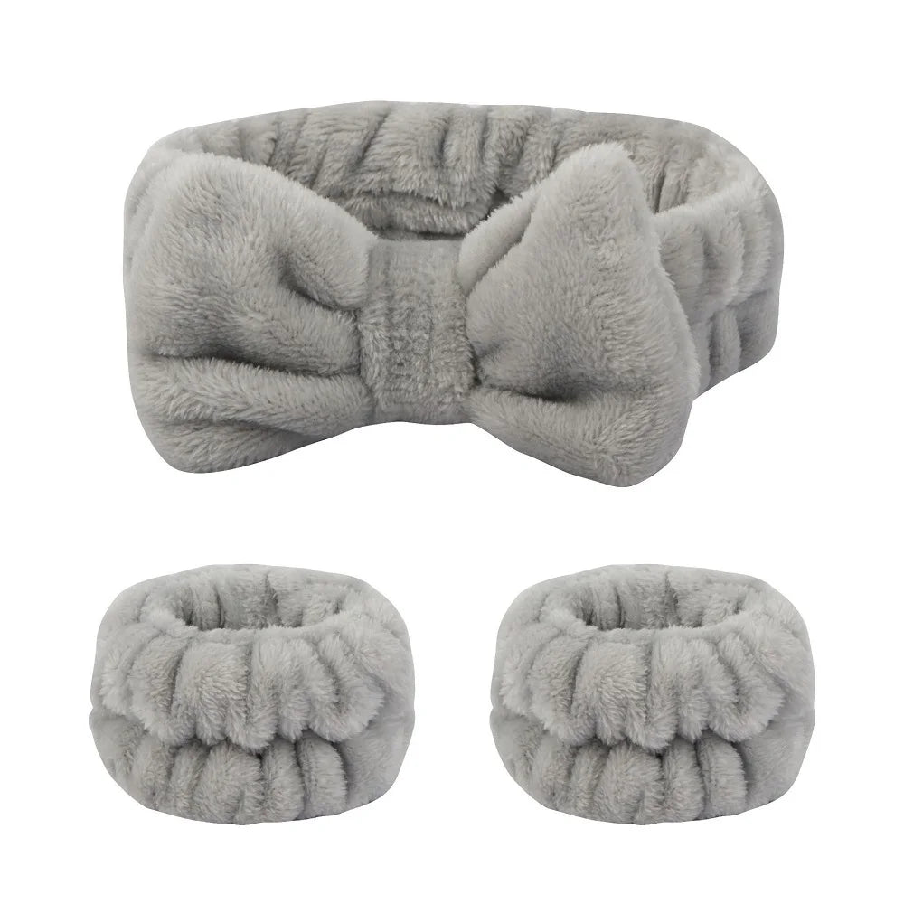 Bandeau maquillage en flanelle avec nœud + protège-poignets absorbants – Accessoire soin visage