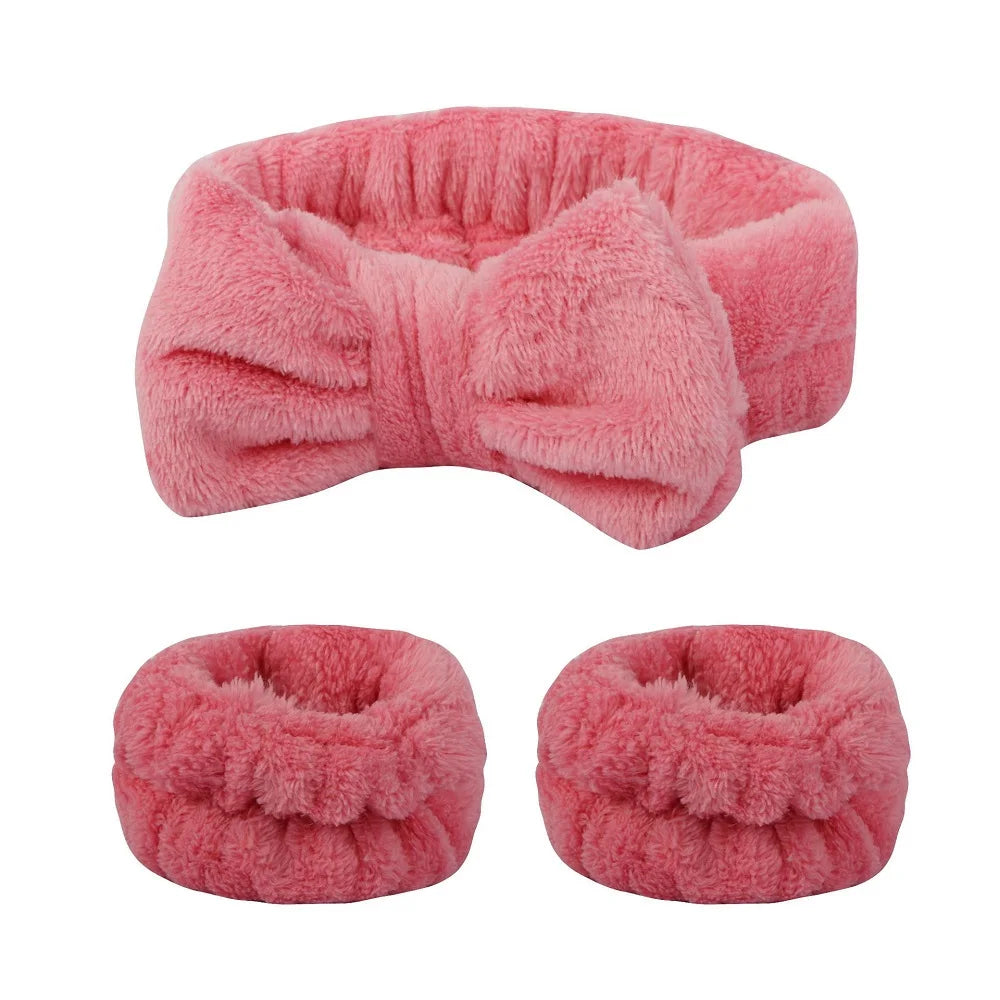 Bandeau maquillage en flanelle avec nœud + protège-poignets absorbants – Accessoire soin visage