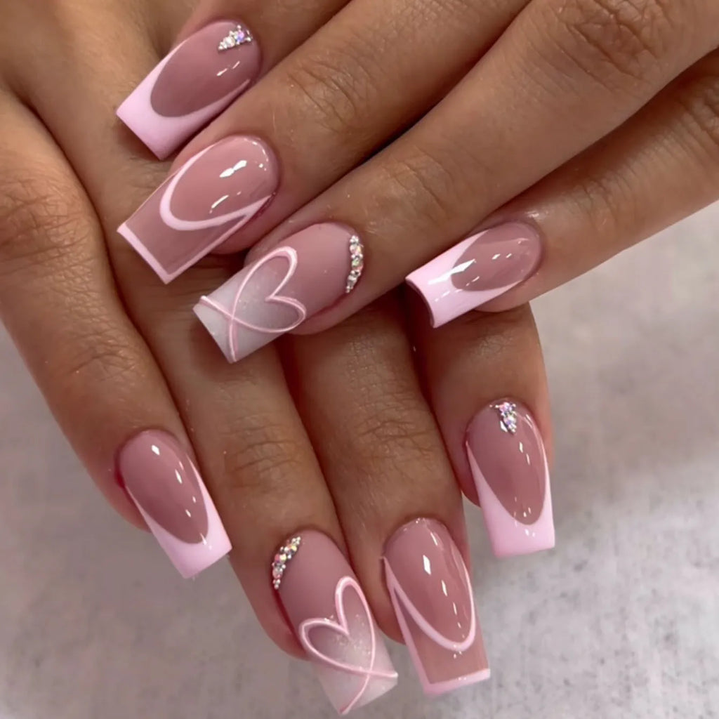 Faux ongles press-on rose effet French – Motif fleurs, plusieurs coloris