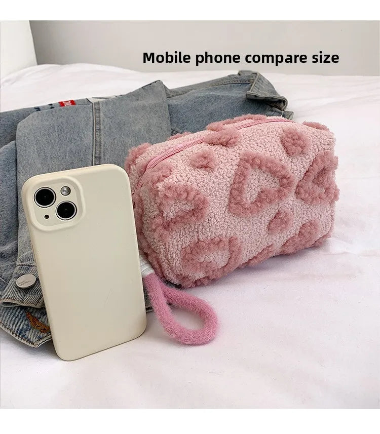 Plush Makeup Bags with Handle Soft Travel Cosmetic Storage Bag Portable Love Print Organizer Pencil Case Cute Clutch Pouch