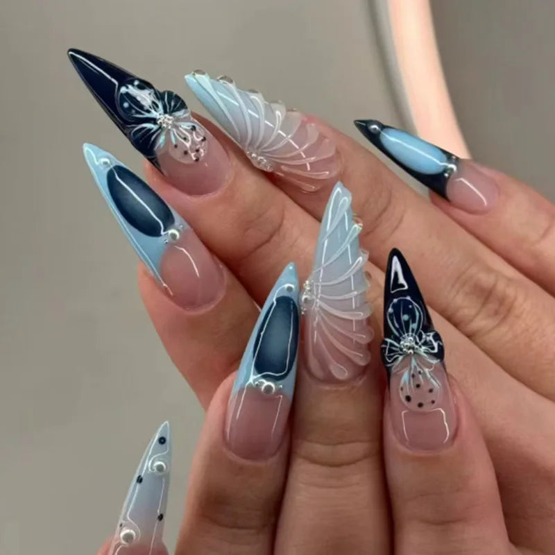 Faux ongles press-on noirs design artistique – Motifs graphiques, effet 3D, style audacieux