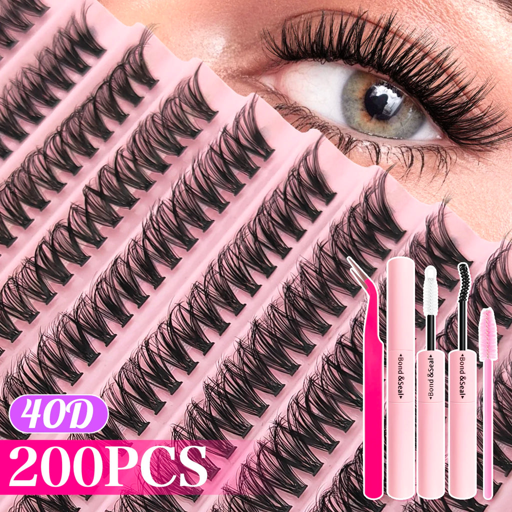 Kit extensions de cils DIY 200–720 pièces – Cils fluffy avec Bond & Seal inclus