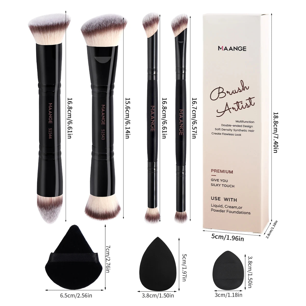 Set pinceaux maquillage MAANGE avec houppettes – Fond de teint, Contour & Poudre