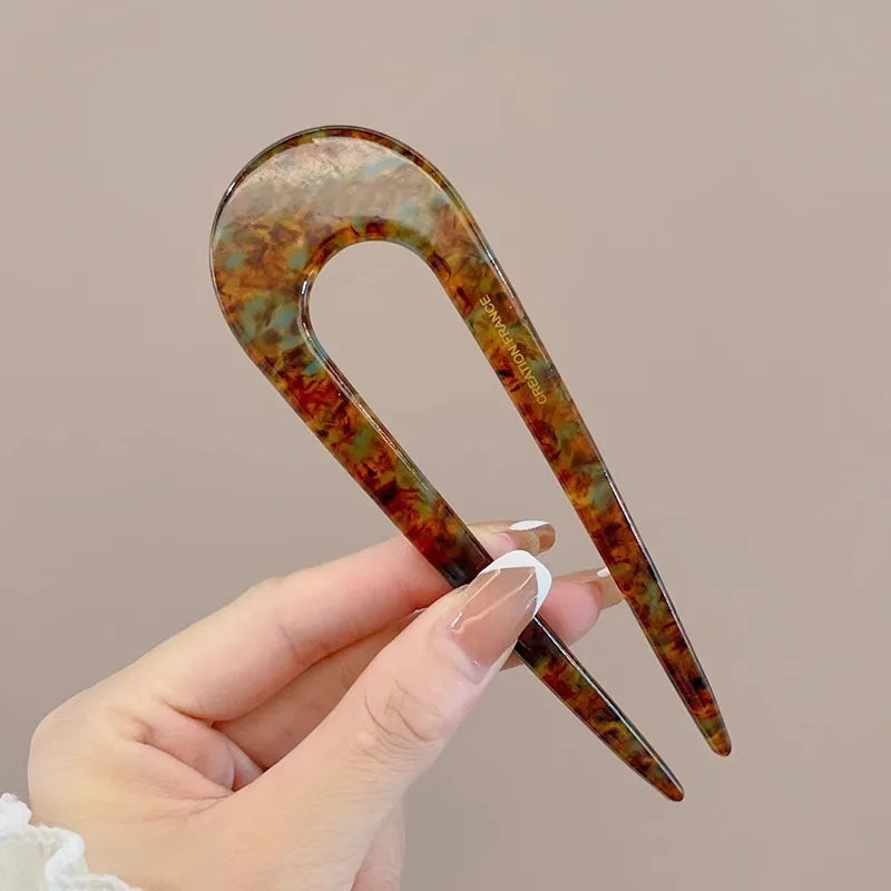 Pic à cheveux en U effet écaille – Épingle à cheveux géométrique en acétate – Accessoire coiffure femme chic