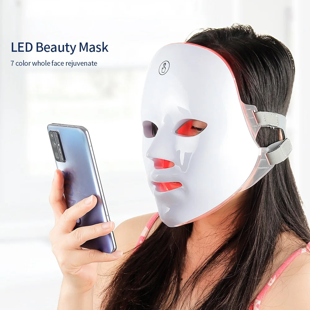 Masque LED visage & cou 7 couleurs – Appareil beauté lumineux sans fil pour soin de la peau