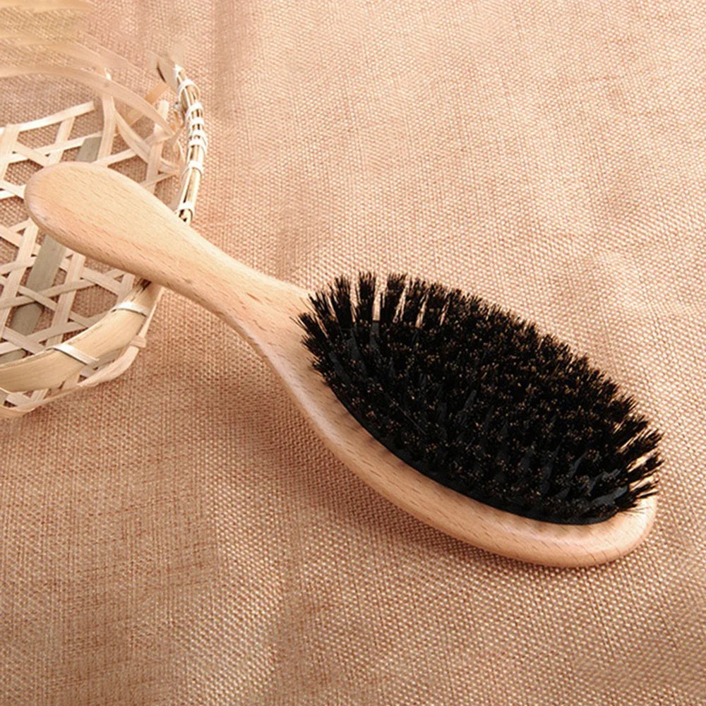 Brosse cheveux en bois à poils de sanglier – Brosse plate naturelle démêlante et lissante