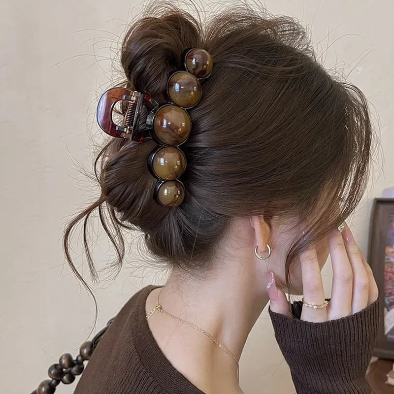 Pince crabe rétro à perles – Barrette cheveux géométrique dégradée 11 cm, accessoire coiffure femme