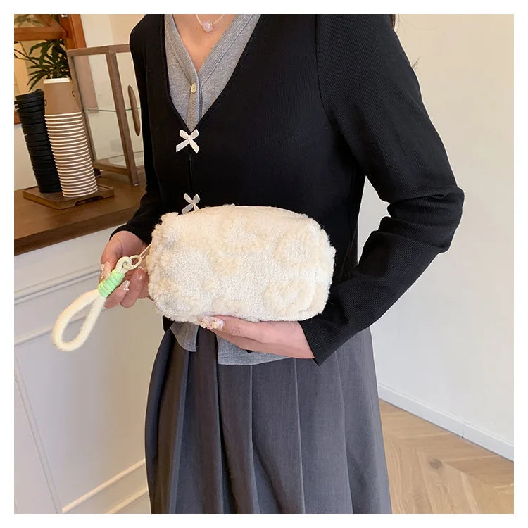 Plush Makeup Bags with Handle Soft Travel Cosmetic Storage Bag Portable Love Print Organizer Pencil Case Cute Clutch Pouch