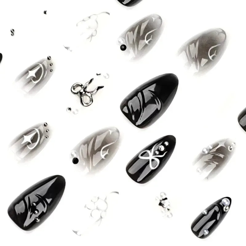 Faux ongles press-on décorés – Strass, nœuds & designs argentés – 24 pièces
