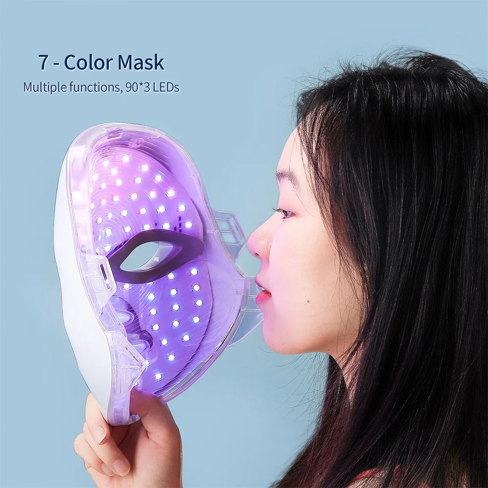 Masque LED visage & cou 7 couleurs – Appareil beauté lumineux sans fil pour soin de la peau