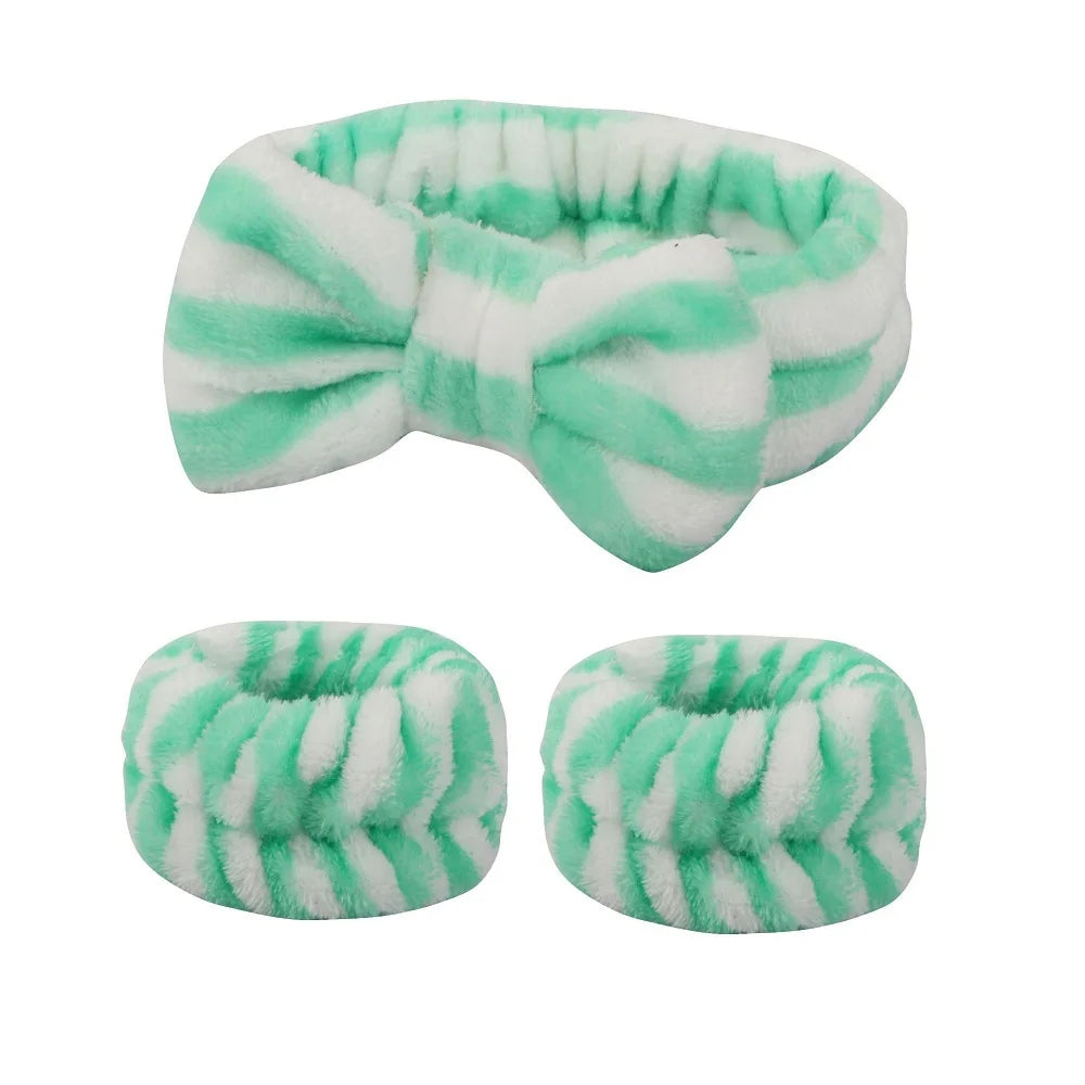 Bandeau maquillage en flanelle avec nœud + protège-poignets absorbants – Accessoire soin visage