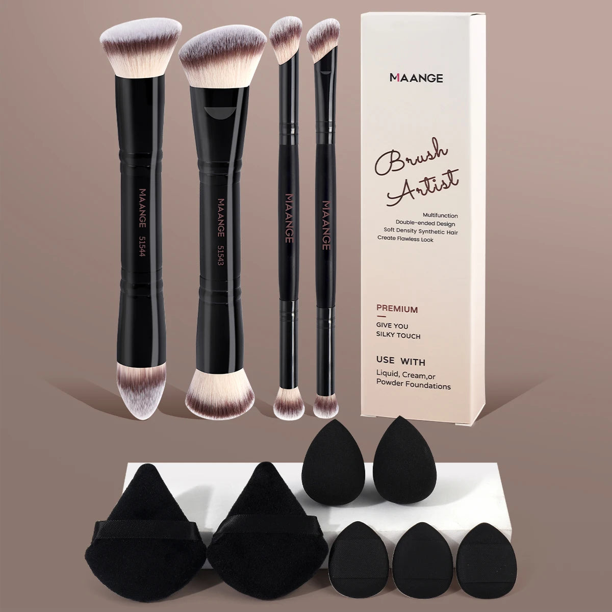 Set pinceaux maquillage MAANGE avec houppettes – Fond de teint, Contour & Poudre