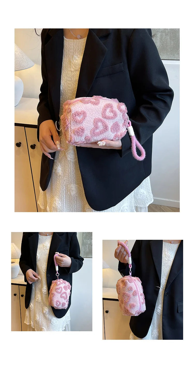 Plush Makeup Bags with Handle Soft Travel Cosmetic Storage Bag Portable Love Print Organizer Pencil Case Cute Clutch Pouch