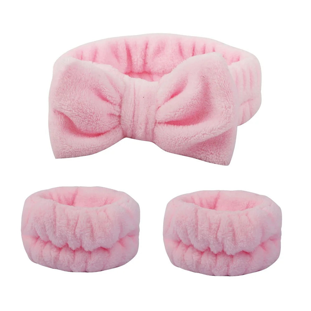 Bandeau maquillage en flanelle avec nœud + protège-poignets absorbants – Accessoire soin visage