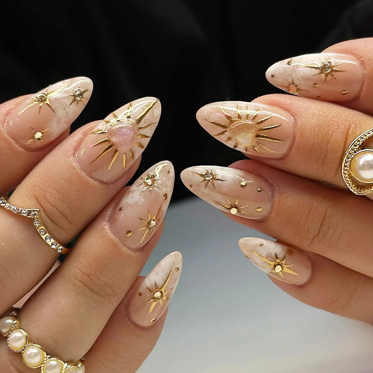 Faux ongles press-on décorés – Strass, nœuds & designs argentés – 24 pièces