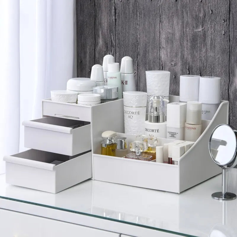 Organisateur de maquillage blanc avec tiroirs – Rangement cosmétique pratique et élégant