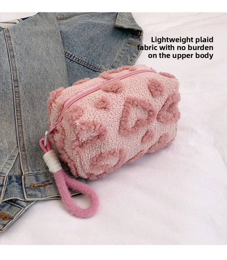 Plush Makeup Bags with Handle Soft Travel Cosmetic Storage Bag Portable Love Print Organizer Pencil Case Cute Clutch Pouch