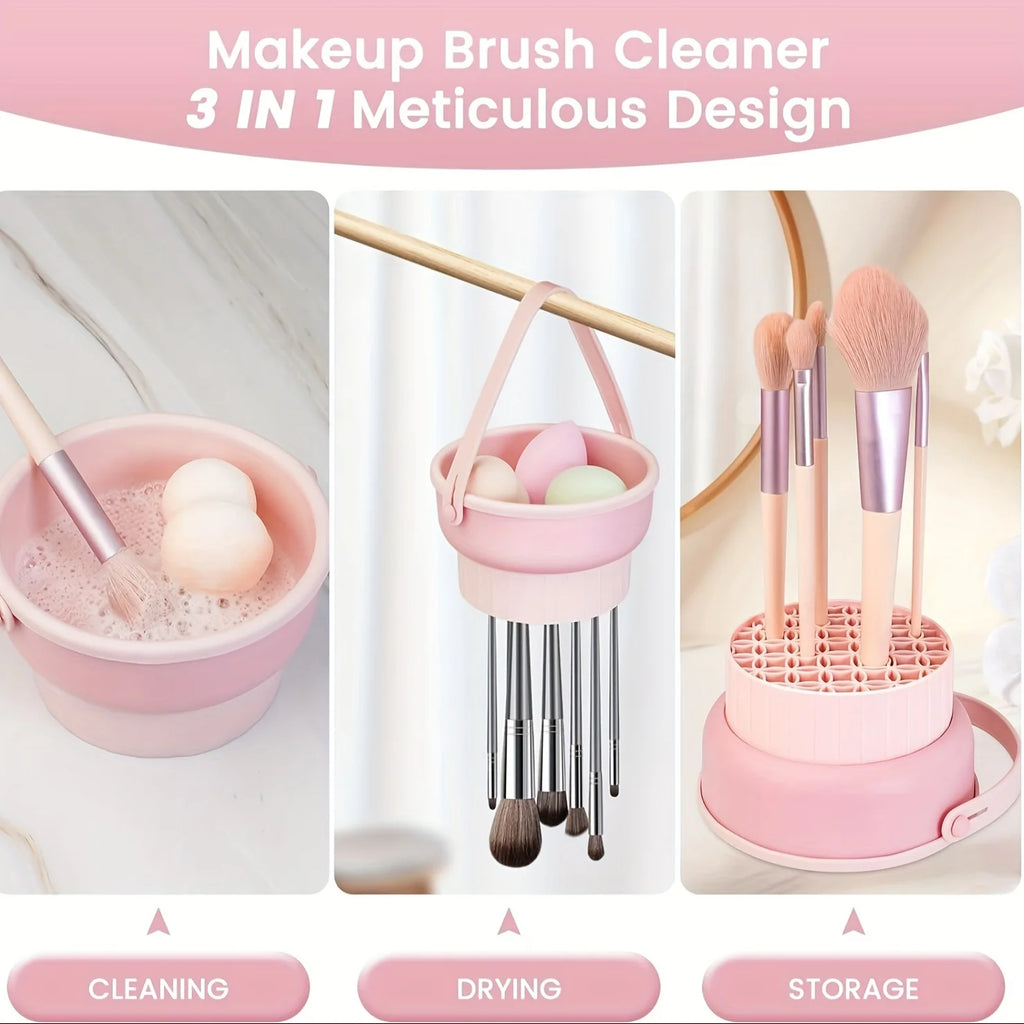 Bol nettoyeur pinceaux maquillage en silicone 3-en-1 – Lavage, séchage et rangement pinceaux & éponges
