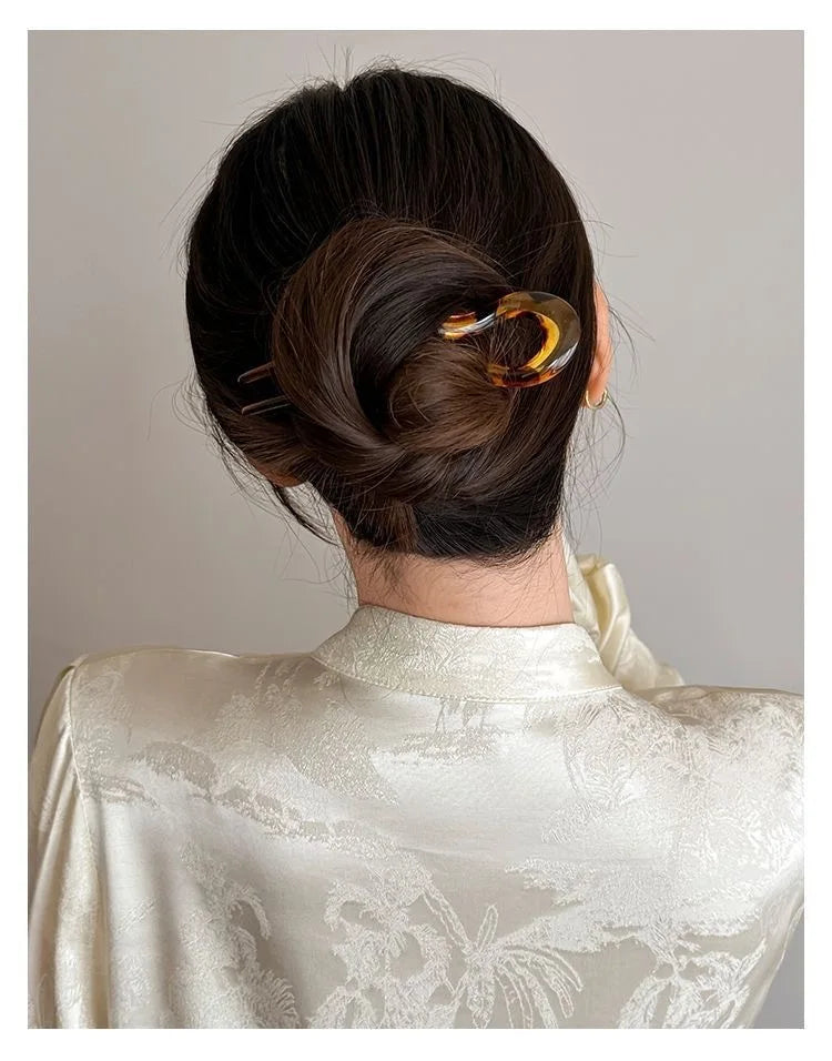 Pic à cheveux en U effet écaille – Épingle à cheveux géométrique en acétate – Accessoire coiffure femme chic