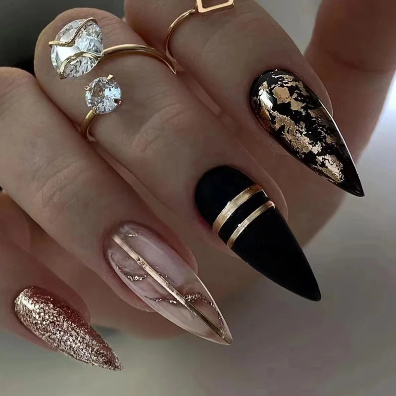 Faux ongles press-on noirs design artistique – Motifs graphiques, effet 3D, style audacieux