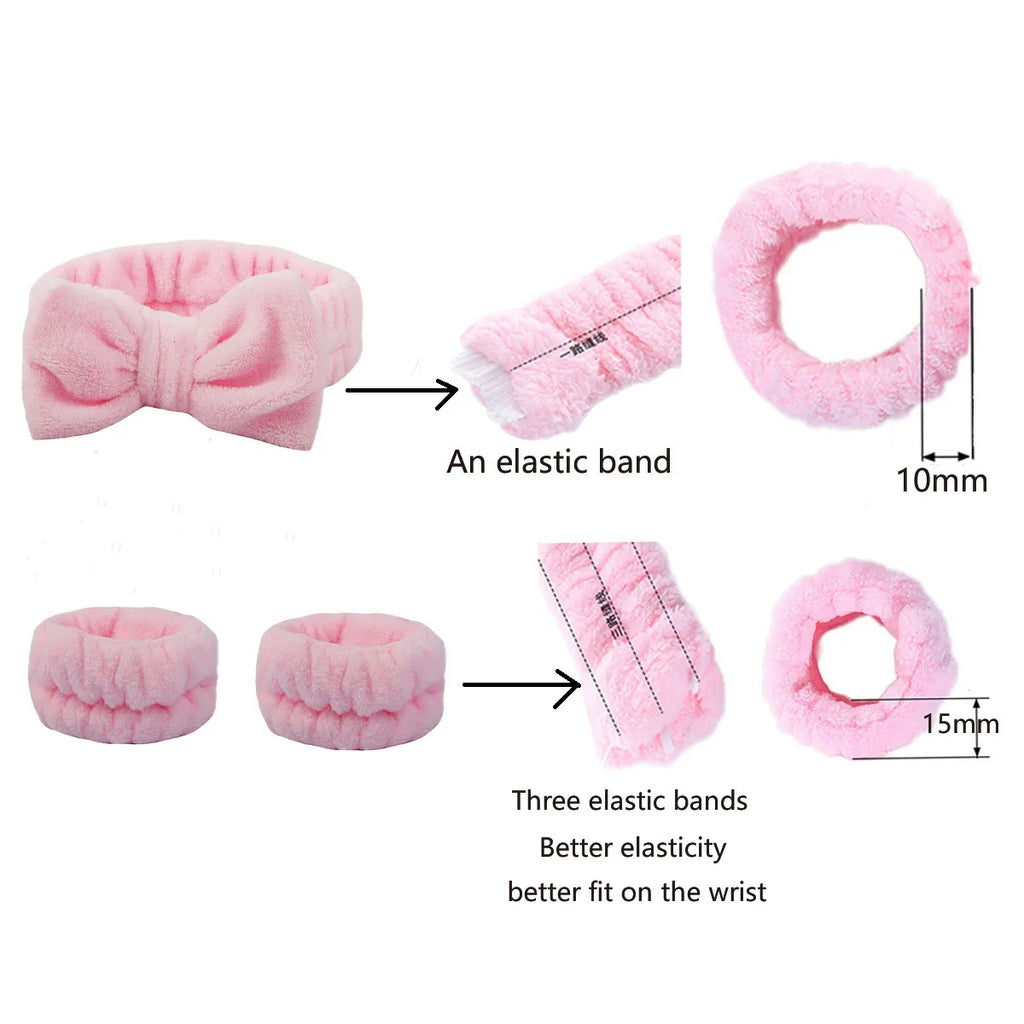 Bandeau maquillage en flanelle avec nœud + protège-poignets absorbants – Accessoire soin visage