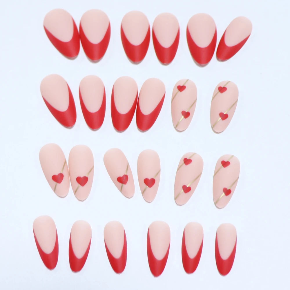 Faux ongles press-on amande décor cœur – Blanc & coloris variés – 24 pièces