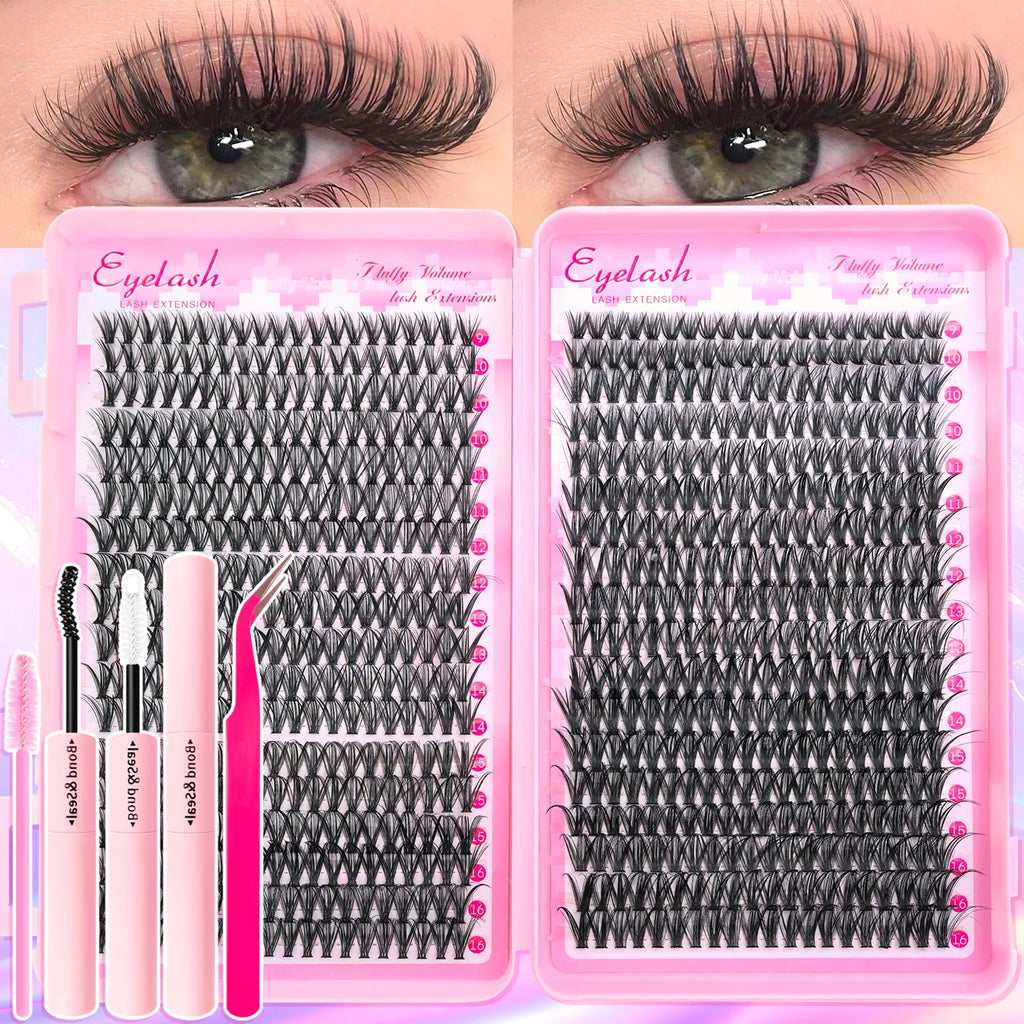 Kit extensions de cils DIY 200–720 pièces – Cils fluffy avec Bond & Seal inclus