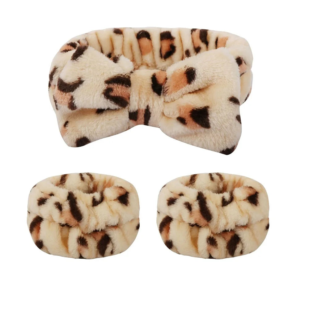 Bandeau maquillage en flanelle avec nœud + protège-poignets absorbants – Accessoire soin visage
